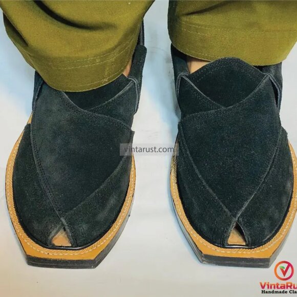 Authentic Peshawari Chappal for Men, Black Suede Handmade Footwear - Picture 1 of 8